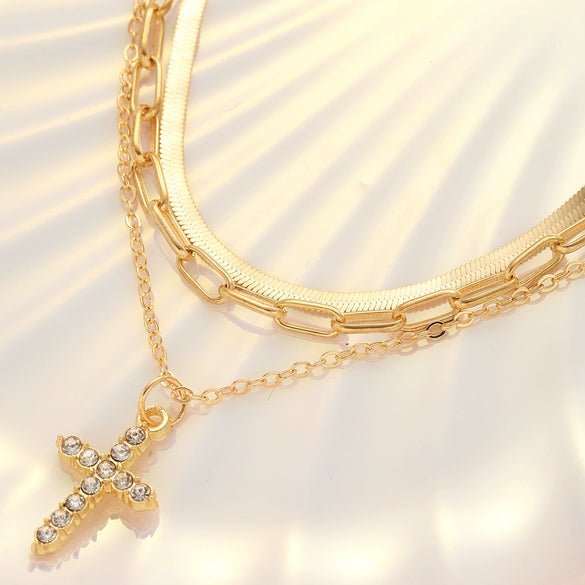 Women's Geometric Cross Pendant Layered Necklace Set With Electroplated Alloy Collarbone Chains