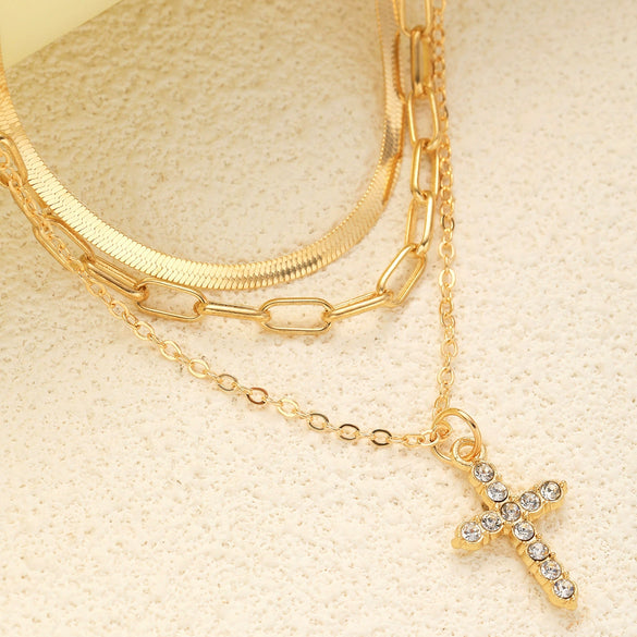 Women's Geometric Cross Pendant Layered Necklace Set With Electroplated Alloy Collarbone Chains