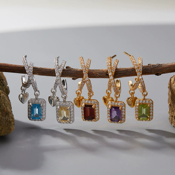 Women's Geometric Crystal And 925 Sterling Silver Ear Studs Set With Gems