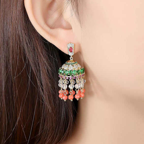 Women's Geometric Crystal And Zircon Inlaid Copper Tassel Earrings With Electroplated Finish Fashion Jewelry