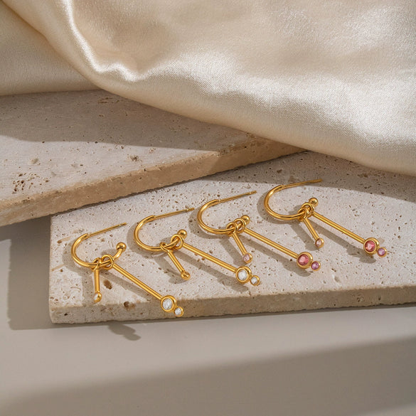 Women's Geometric Cshaped Tassel Earrings With Cubic Zirconia Stainless Steel Ear Posts And Pvd Gold Plating