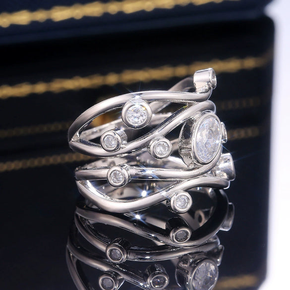 Women's Geometric Curve Zircon Ring Copper Platinum Plated Micro Inlay Jewelry