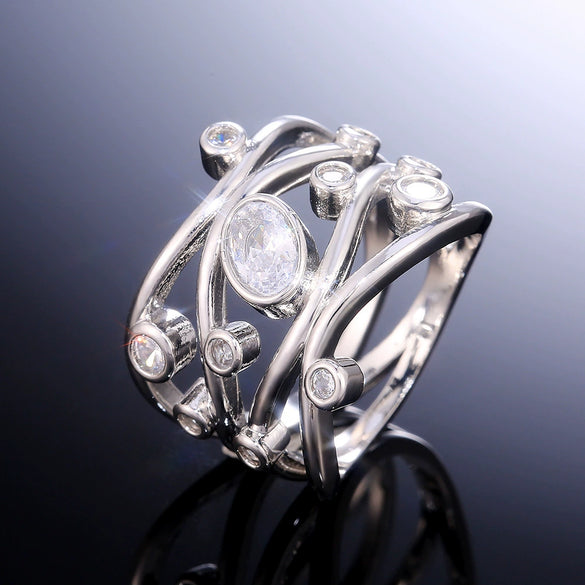Women's Geometric Curve Zircon Ring Copper Platinum Plated Micro Inlay Jewelry