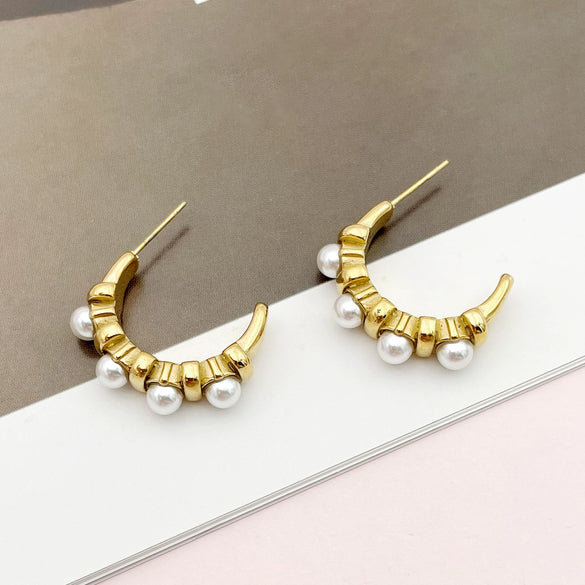 Women's Geometric Design Highgloss Pearl Stainless Steel Electroplated Earrings
