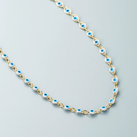 Women's Geometric Devil's Eye Necklace With Zircon Pendant Copper Snake Chain And Microsetting Detail