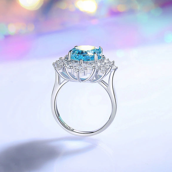 Women's Geometric Diamond Design S925 Sterling Silver Ring With Aquamarine And Sapphire
