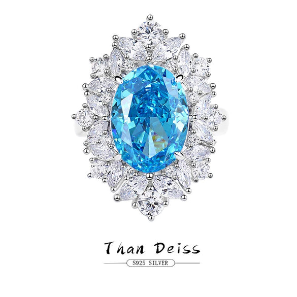 Women's Geometric Diamond Design S925 Sterling Silver Ring With Aquamarine And Sapphire
