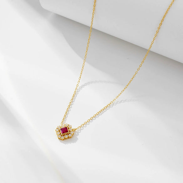 Women's Geometric Diamond 925 Silver Square Hollow Pendant Cross Chain Zircon Ruby Necklace