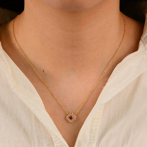 Women's Geometric Diamond 925 Silver Square Hollow Pendant Cross Chain Zircon Ruby Necklace