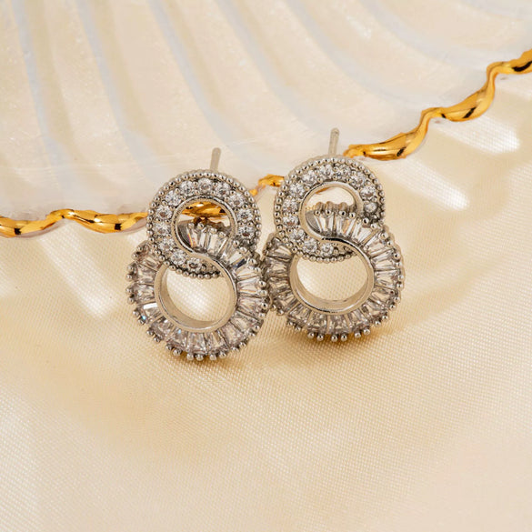 Women's Geometric Double Circle Zircon Earrings With Diamond Encrusted Look Electroplated Round Short Drop Ear Jewelry