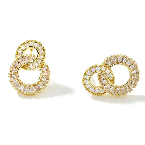 Women's Geometric Double Circle Zircon Earrings With Diamond Encrusted Look Electroplated Round Short Drop Ear Jewelry