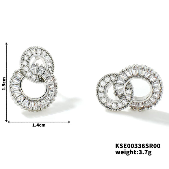 Women's Geometric Double Circle Zircon Earrings With Diamond Encrusted Look Electroplated Round Short Drop Ear Jewelry