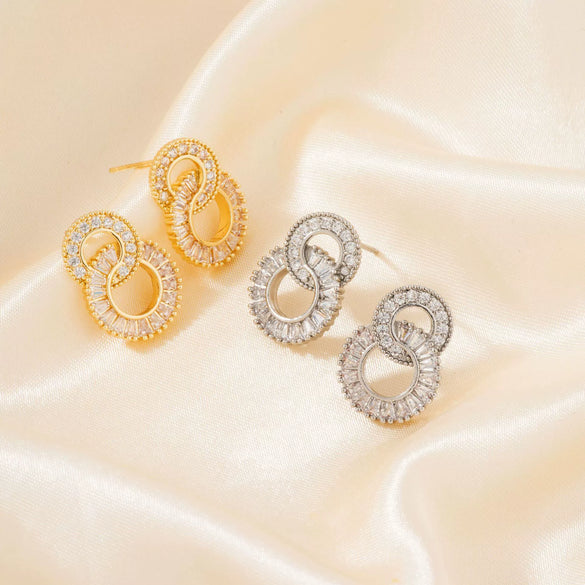 Women's Geometric Double Circle Zircon Earrings With Diamond Encrusted Look Electroplated Round Short Drop Ear Jewelry