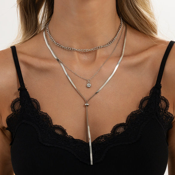 Women's Geometric Doublelayer Plated Iron Flat Snake Chain Necklace With Tassel Pendant And Lobster Clasp Versatile Fashion Jewelry