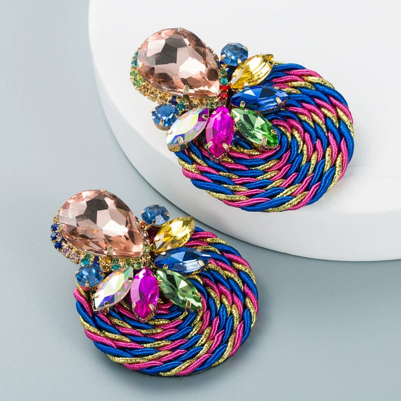 Women's Geometric Drop Earrings With Glass Rhinestone Accents Elastic Cord Woven Design And Sparkling Diamondstyle Detailing
