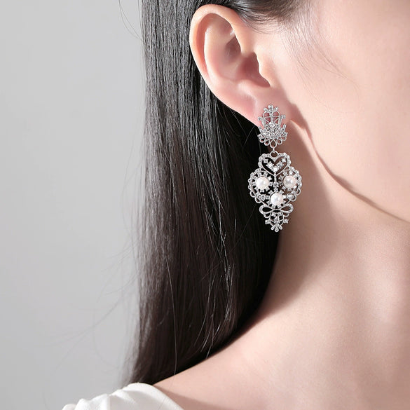 Women's Geometric Electroplated Copper Earrings With Rice Beads Zircon And Pearl Accents For Bridal Events
