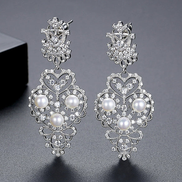 Women's Geometric Electroplated Copper Earrings With Rice Beads Zircon And Pearl Accents For Bridal Events