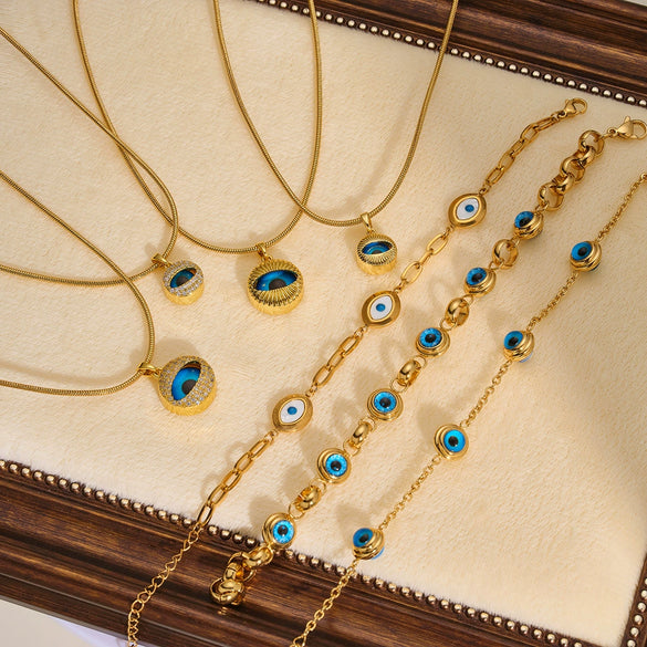Women's Geometric Eye Motif Zircon Inlaid Gold Plated Stainless Steel Necklace And Bracelet Set