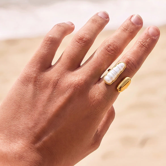 Women's Geometric Faux Pearl Stainless Steel Adjustable Open Ring With Gold Tone Vacuum Plated Finish