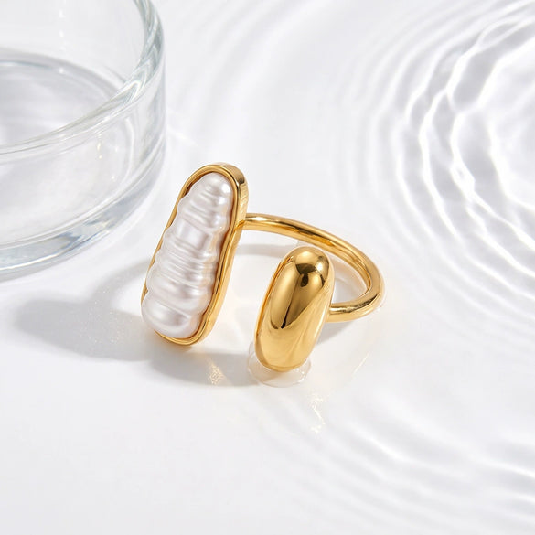 Women's Geometric Faux Pearl Stainless Steel Adjustable Open Ring With Gold Tone Vacuum Plated Finish