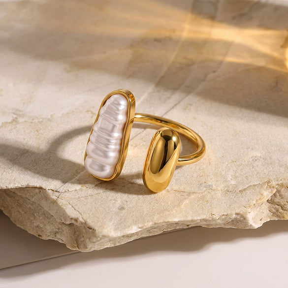 Women's Geometric Faux Pearl Stainless Steel Adjustable Open Ring With Gold Tone Vacuum Plated Finish
