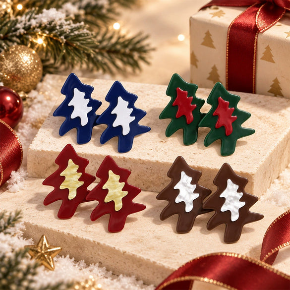 Women's Geometric Festive Christmas Tree Stud Earrings In Stainless Steel With Resin Design And Gold Plating
