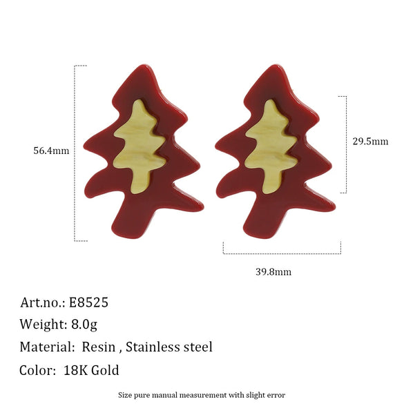 Women's Geometric Festive Christmas Tree Stud Earrings In Stainless Steel With Resin Design And Gold Plating