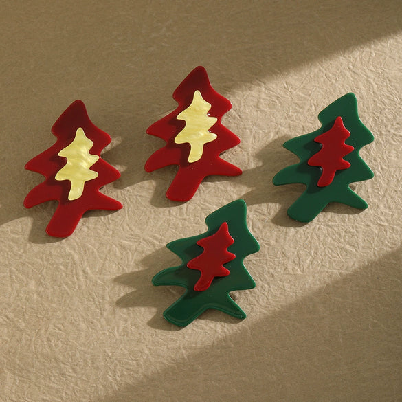Women's Geometric Festive Christmas Tree Stud Earrings In Stainless Steel With Resin Design And Gold Plating