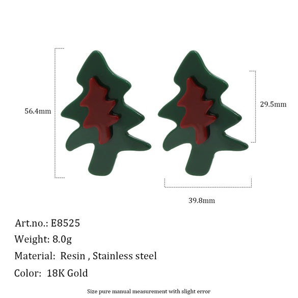 Women's Geometric Festive Christmas Tree Stud Earrings In Stainless Steel With Resin Design And Gold Plating