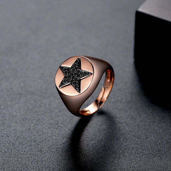 Women's Geometric Fivepointed Star Open Adjustable Copper Ring With Zircon And Turquoise Inlay Retro Fashion Design