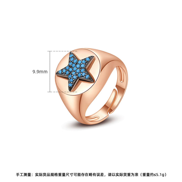 Women's Geometric Fivepointed Star Open Adjustable Copper Ring With Zircon And Turquoise Inlay Retro Fashion Design
