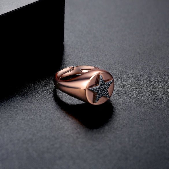Women's Geometric Fivepointed Star Open Adjustable Copper Ring With Zircon And Turquoise Inlay Retro Fashion Design