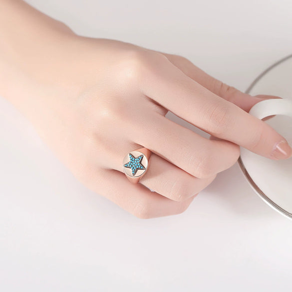 Women's Geometric Fivepointed Star Open Adjustable Copper Ring With Zircon And Turquoise Inlay Retro Fashion Design