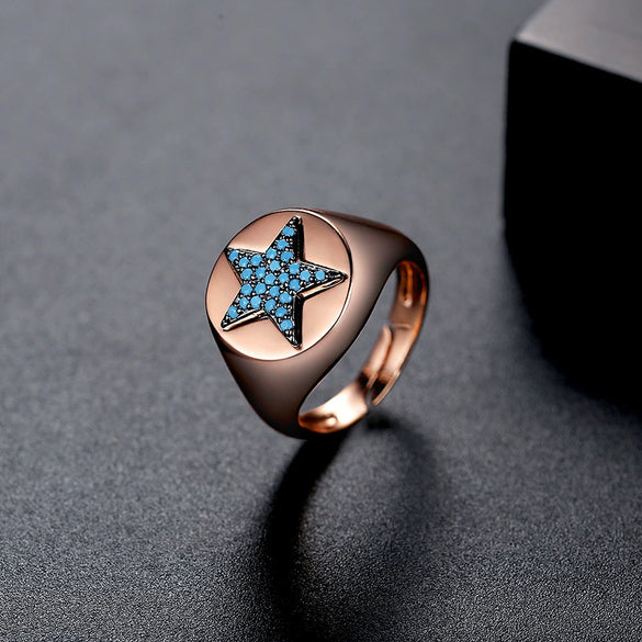 Women's Geometric Fivepointed Star Open Adjustable Copper Ring With Zircon And Turquoise Inlay Retro Fashion Design