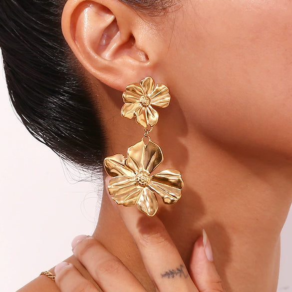 Women's Geometric Floral Statement Earrings In Stainless Steel With Electroplated Finish And Exaggerated Fashion Design