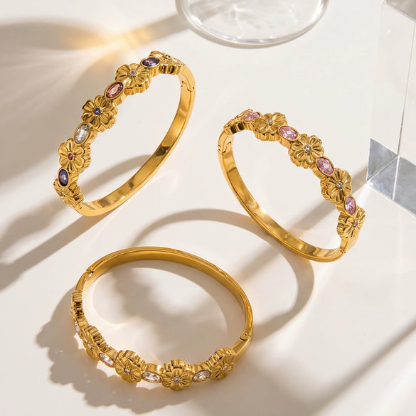 Women's Geometric Floral Zirconset Plated Stainless Steel Bracelet With Simple Versatile Design