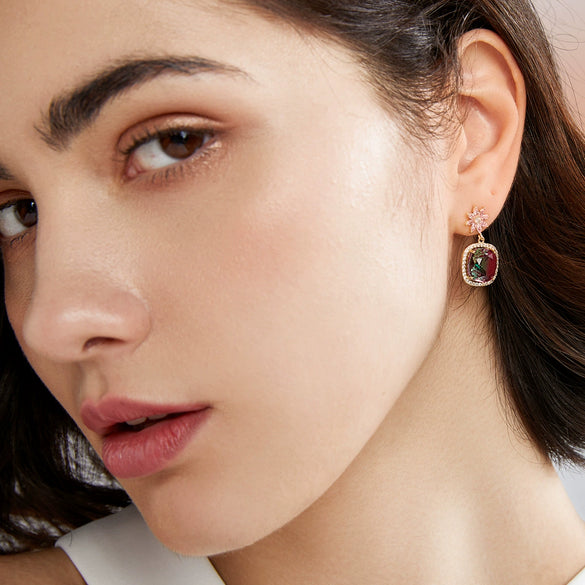 Women's Geometric Flower Earrings With Tourmaline And Zircon Accents Electroplated Copper Fashion Jewelry