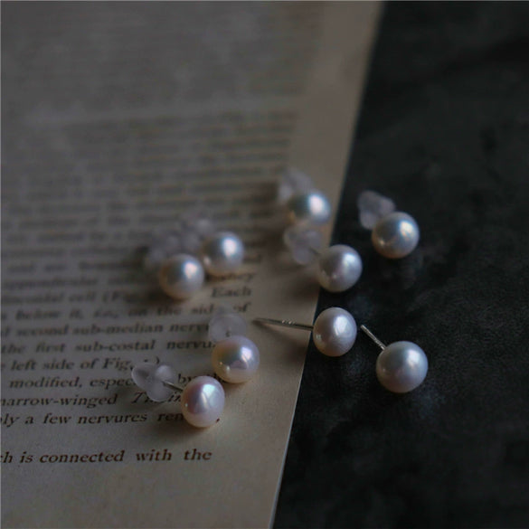 Women's Geometric Freshwater Pearl Stud Earrings With Silver Needle Small Retro Elegant Graceful Design