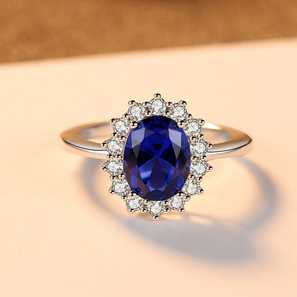 Women's Geometric Gem Set Ring In 925 Silver With Blue Stone Elegant Statement Jewelry