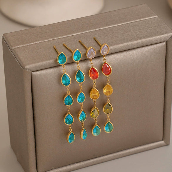 Women's Geometric Gold Plated Stainless Steel Long Drop Tassel Earrings With Colorful Cubic Zirconia Pendants