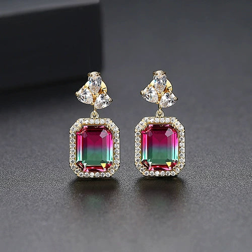Women's Geometric Gradient Colorful Imitation Tourmaline Earrings Copper Fashion Jewelry Elegant Original Design