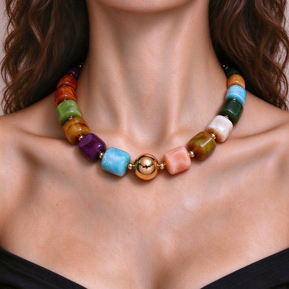 Women's Geometric Gradient Square Acrylic Beaded Necklace With Stainless Steel Pendant And Lobster Clasp Handmade Jewelry