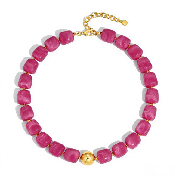 Women's Geometric Gradient Square Acrylic Beaded Necklace With Stainless Steel Pendant And Lobster Clasp Handmade Jewelry