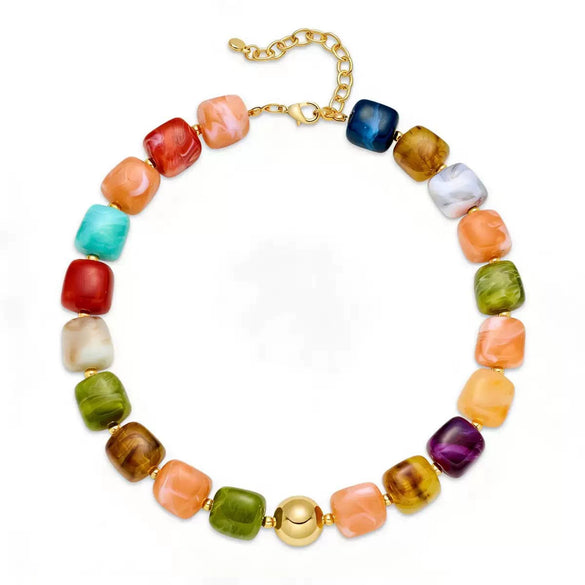 Women's Geometric Gradient Square Acrylic Beaded Necklace With Stainless Steel Pendant And Lobster Clasp Handmade Jewelry