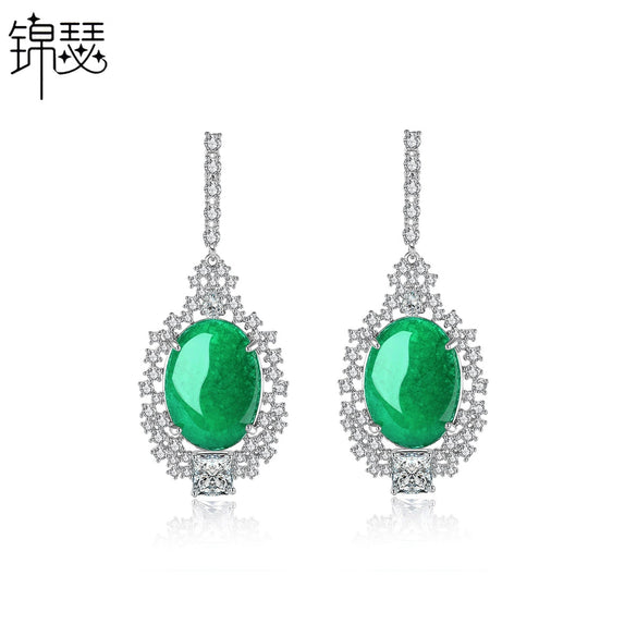 Women's Geometric Green Chalcedony Copper Earrings With Electroplated Finish Elegant Fashion Jewelry