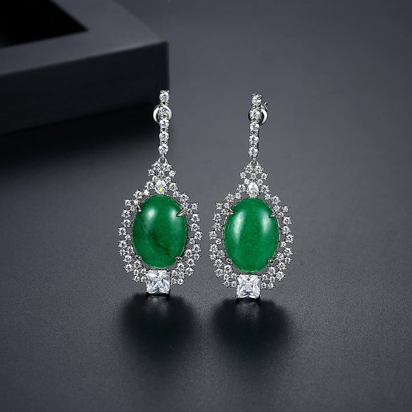 Women's Geometric Green Chalcedony Copper Earrings With Electroplated Finish Elegant Fashion Jewelry