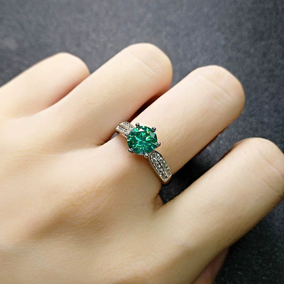 Women's Geometric Green Crystal Ring In Environmentally Friendly Copper With White Gold Electroplated Finish And Six Prong Setting