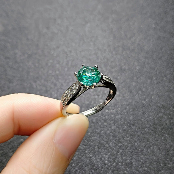 Women's Geometric Green Crystal Ring In Environmentally Friendly Copper With White Gold Electroplated Finish And Six Prong Setting