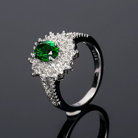Women's Geometric Green Gemstone Ring With Emerald Look Zircon And Electroplated Finish Fashion Jewelry
