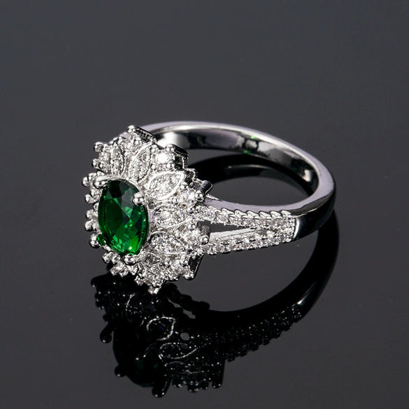 Women's Geometric Green Gemstone Ring With Emerald Look Zircon And Electroplated Finish Fashion Jewelry